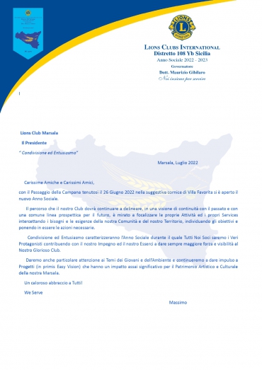 Lettera del Presidente Massimo Ingargiola per il nuovo anno sociale